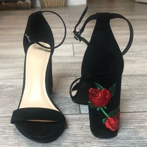 Black Suede Embroidered Ankle Strap Heels